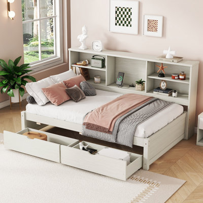 Twin Size Wooden Platform Bed Frame With Side Bookshelves Two Drawers And Built-in USB Port