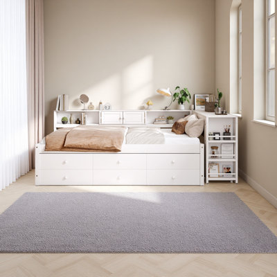 Daybed With Trundle,Wood Daybed Frame With Storage Drawers,Side Shelves And Desk