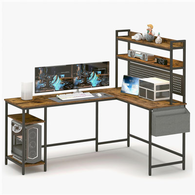 Bureau en L, bureau d'ordinateur en coin réversible avec prise de courant et lumière DEL, bureau de jeu avec tablette de rangement et support pour écran, brun rustique