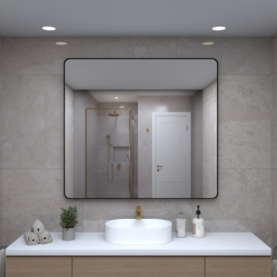 Miroir de salle de bain mural en métal noir avec miroir de meuble-lavabo noir mat de 40 po x 36 po - Décoration de ferme en verre trempé antirouille - à suspendre horizontalement ou verticalement | Idée de cadeau