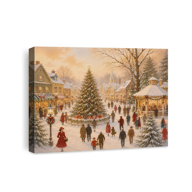 Winter Scene Wall Art Christmas Market Canvas Print Framed Christmas Winter Town Square Art Print Winter Xmas Decor for Living Room, Entryway Office