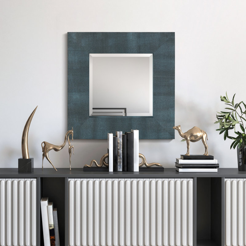 Miroir d'appoint biseauté en cuir chagrin métallique, Noir / Bleu