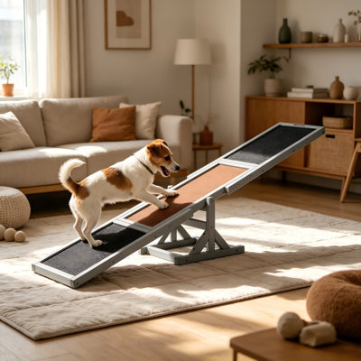 PawHut Wooden Dog Agility Seesaw for Training & Exercise, Outdoor Pet Platform Equipment with Weather Resistant Finish – Run Game Toy, 71"L x 12"W x 12"H, Grey