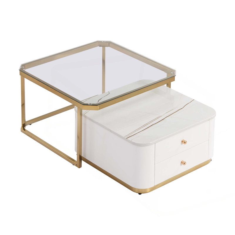 Table basse gigogne moderne 2 pièces avec tiroirs et pieds dorés électrolytiques de 27,6 po Modern, Doré / Blanc