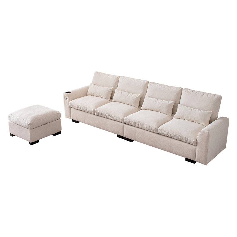 Canapé en chenille en forme de L beige de 114,5 po, rangement réversible, ports, porte-gobelet, coussins lavables amovibles pour la maison, avec ports et coussins,