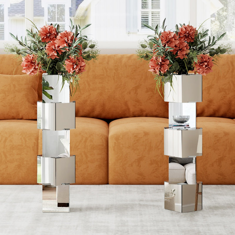 2 pièces Vases de plancher en verre miroitant à la main de 27,75 po, décoration géométrique moderne et moderne