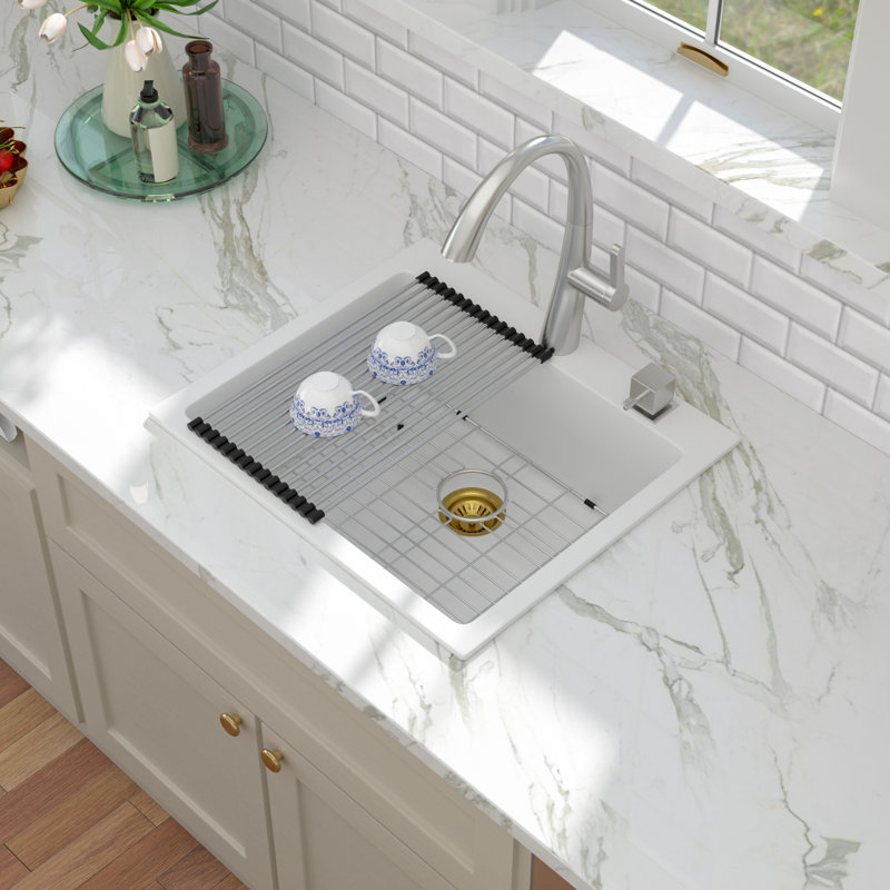 25'' L x 22'' W Quartz Drop-In Kitchen Sink, Granite Composite Single Bowl Kitchen Sink with Bottom Grid, Strainer and Roll-up Rack