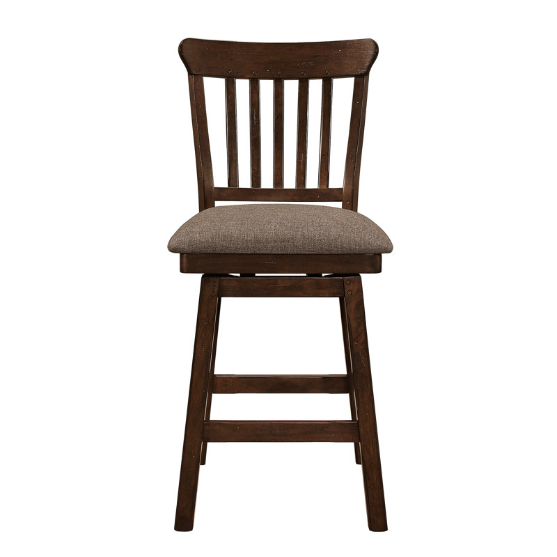 2 sièges brun foncé à hauteur de comptoir, structure en bois avec 2 chaises rembourrées en tissu brun, siège de style transitionnel