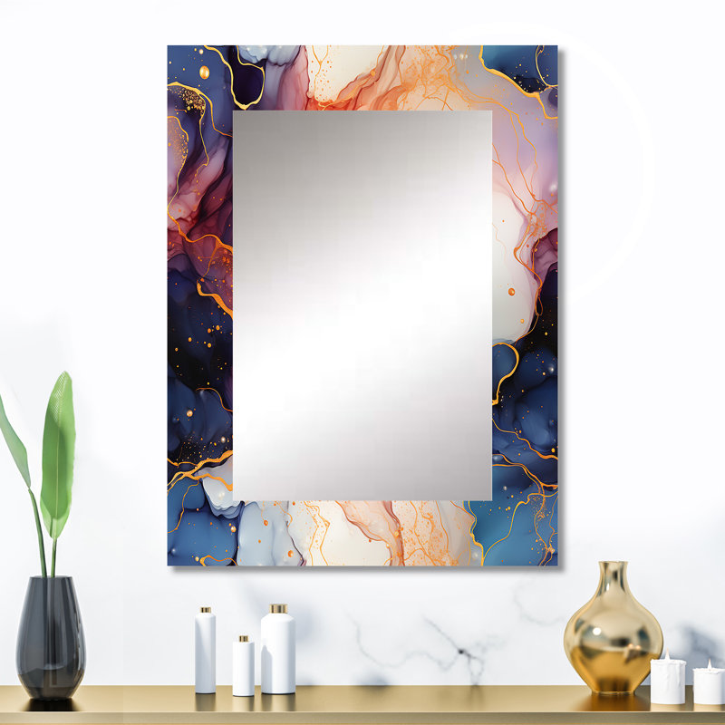 Red And Blue Celestial Radiance Marble Bliss - marble  Large Wall Mirror, Modern Decorative Mirror, Printed Metal Art