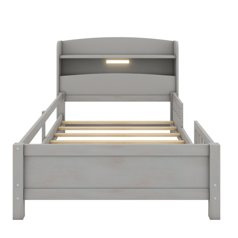 Lit plateforme en bois avec éclairage à DEL, tête de lit avec rangement et garde-corps, Gris antique