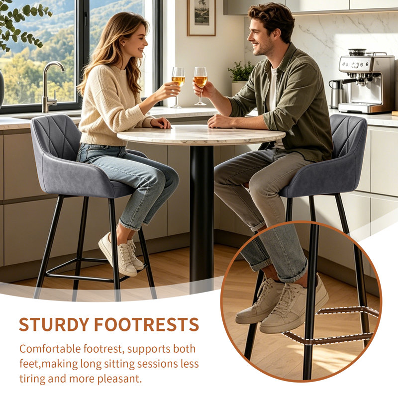 Fixed Height Faux Leather Bar Stool with Diamond Tufted Back, Grey
