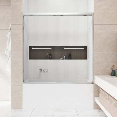 56-60" W × 60" H Aluminum Frame Double Sliding Bathtub  Shower Door | 1/4 Inch Tempered  Glass With Explosion-Proof Film | Stainless Steel  Handle | Brushed Nickel