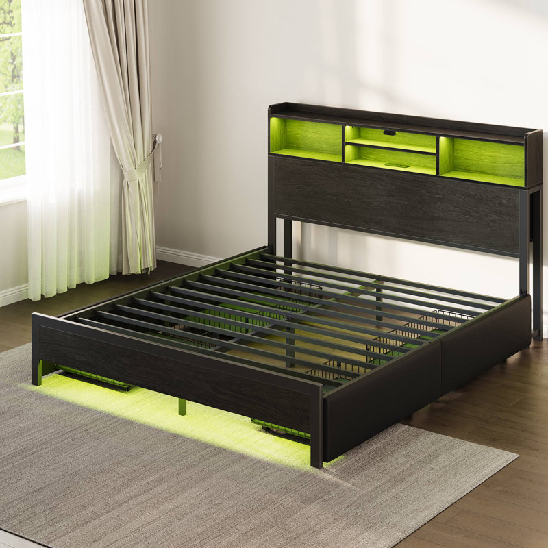 Modern Platform Bed Frame with LED Lights, USB Charger, 4 Storage Drawers & Bookshelf Headboard, Full, 4 Drawers