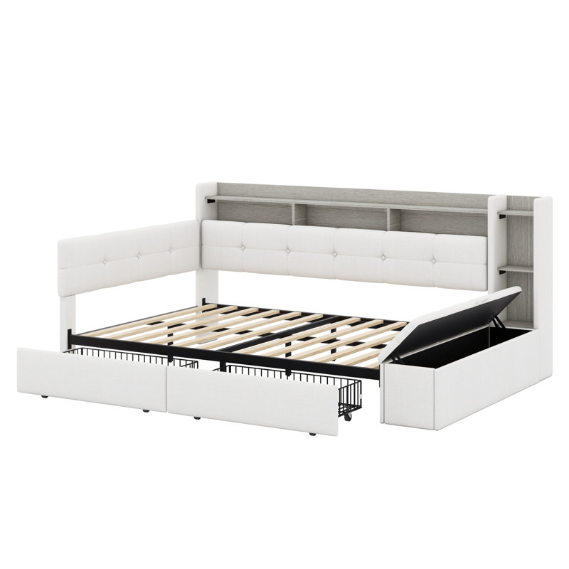 Contemporary Upholstered Daybed Frame with 2 Drawers, LED Lighting, USB Port & Storage Shelves, Beige, Full / Double
