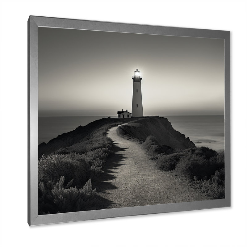 «Black and White Light House Panorama I», reproduction sur toile, Cadre simple argenté, H 24 po x l 24 po x P 1 po