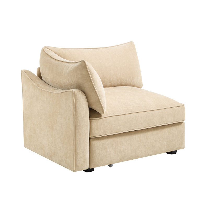 Velours de chenille blé 1, conception structurelle unique, coussins d'accoudoir, rangement pour siège, idéal pour les maisons contemporaines, structure en forme de croissant, bords passepoilés et coussins, repose-pieds décoratif
