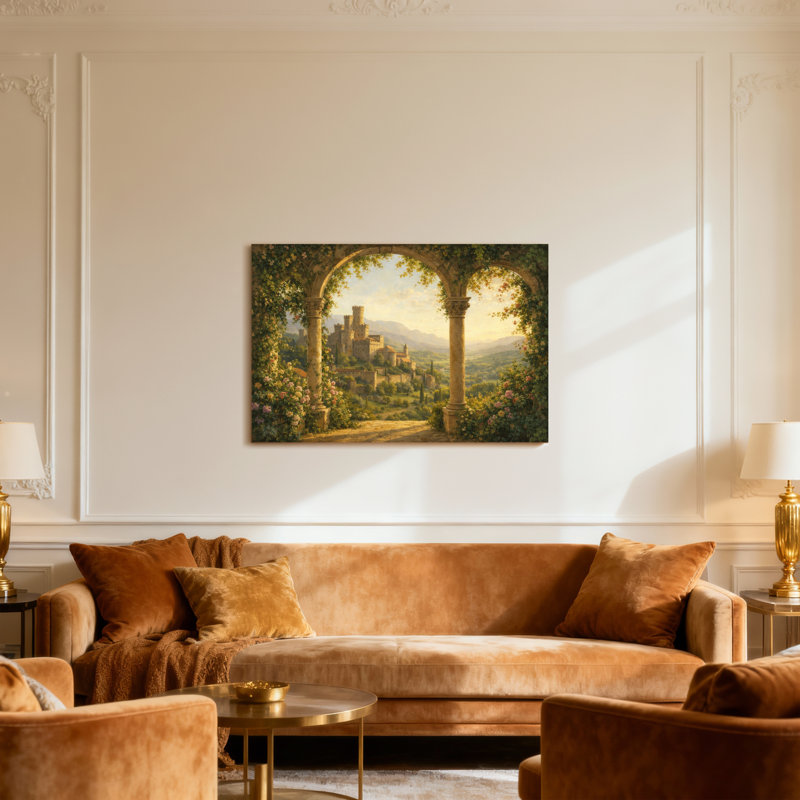 Vue sur le château pittoresque et urbain avec jardin arqué, H 16 po x l 24 po