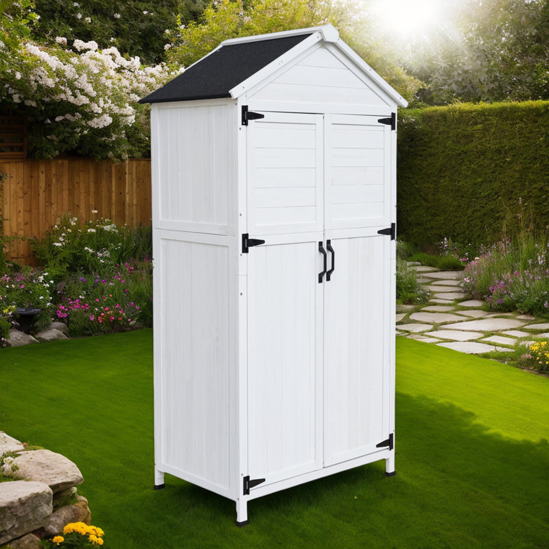 Remise de rangement en bois de sapin blanc avec portes doubles et intérieur organisé
