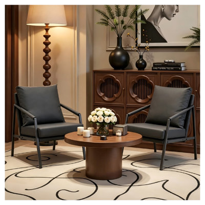 Modern Faux Leather Accent Chair with Black Metal Frame, Industrial Upholstered Armchair for Living Room, Bedroom, or Office