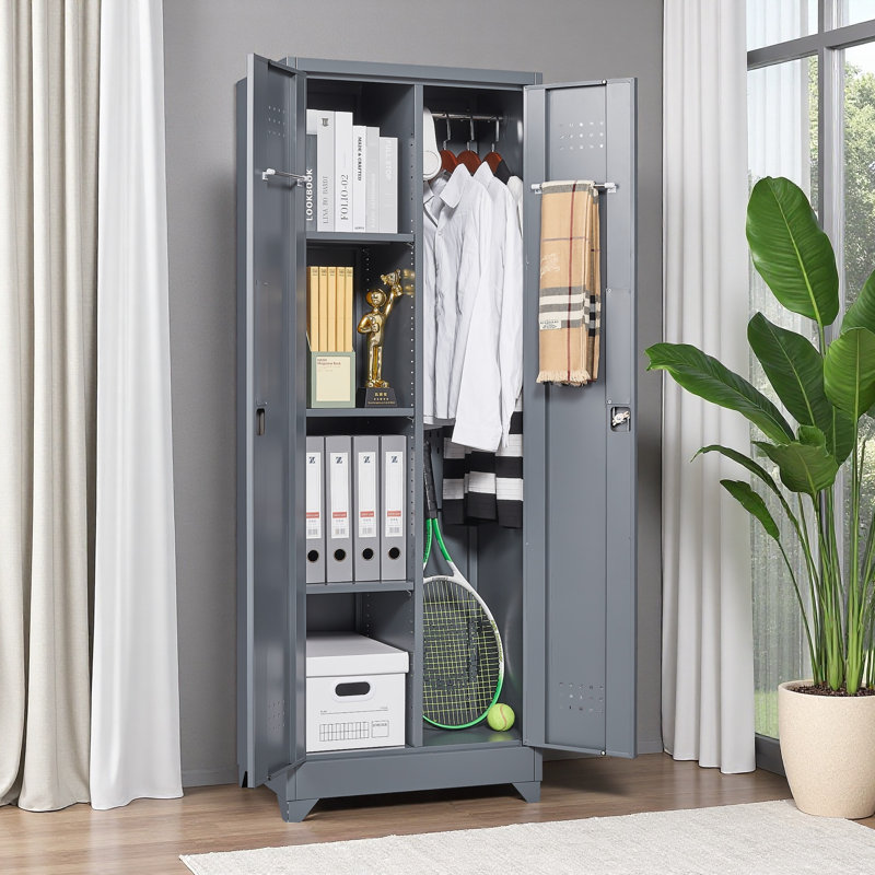 Armoire de rangement à balais avec portes et tablettes verrouillables, armoire de rangement en métal de 65 po de hauteur avec tringle et crochets en S