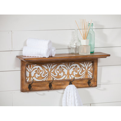 Tablette murale en bois avec crochets Coen