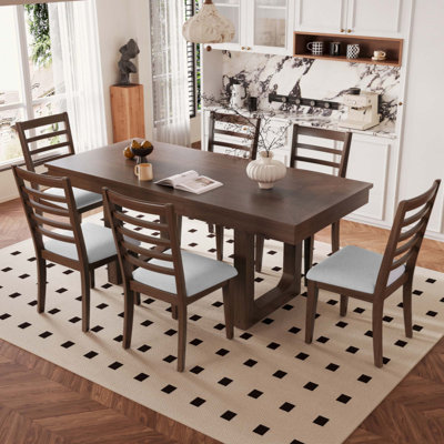 7-Piece Extendable Dining Table Set, Farmhouse Extendable Table with 18" Move Leaf, 78" Rustic Wooden Kitchen Table and 6 piece Upholstered Chairs, Ex