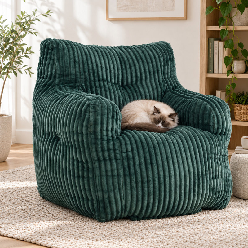 Fauteuil à billes en peluche de taille moyenne pour adulte avec rembourrage en mousse, Velours côtelé vert