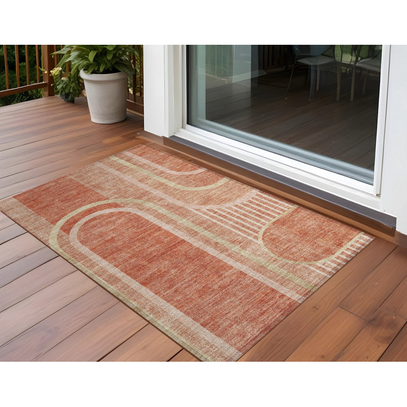 2' X 3' Salmon Abstract Washable Indoor Outdoor Area Rug