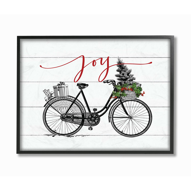 «Planked Look Holiday Joy Bicycle with Tree and Gift», impression, H 16 po x l 20 po x 1,5 po, Giclée encadrée noir minuit