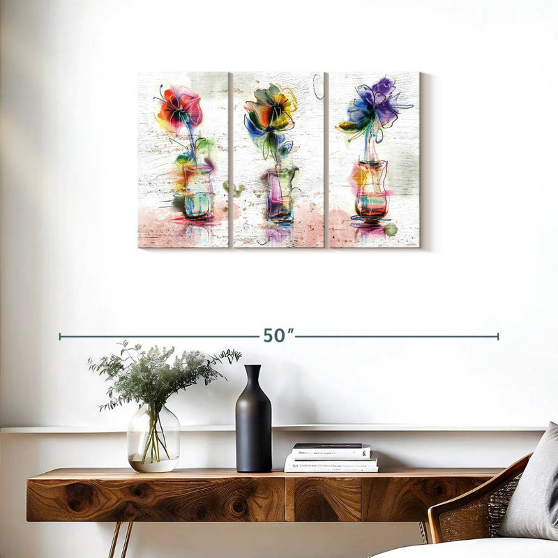 Rustic Colorful Flowers - 3 pièces, reproduction sur toile tendue, H 20 po x l 33 po x P 1,25 po