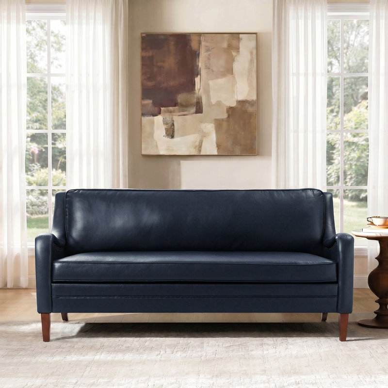 Canapé Anselmo 73"L, style transitionnel, revêtement en polyuréthane et pieds en bois massif, Marine