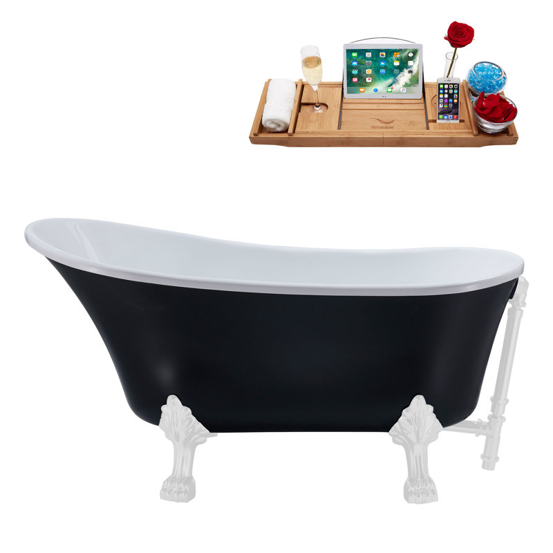 63" Streamline Clawfoot Soaking Acrylic Bathtub With Drain, Clawfeet, and Bamboo Tray, Glossy White, Glossy White