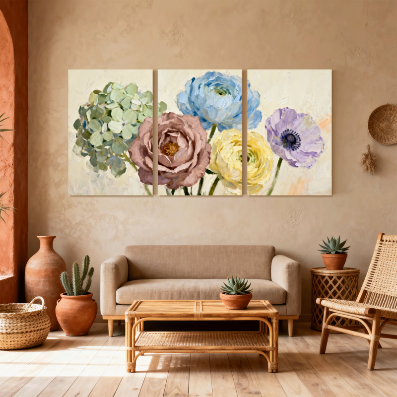 Plantes et fleurs, bouquet de fleurs aux couleurs pastel douces, ensemble de 3 impressions sur toile, H 36 po x l 72 po