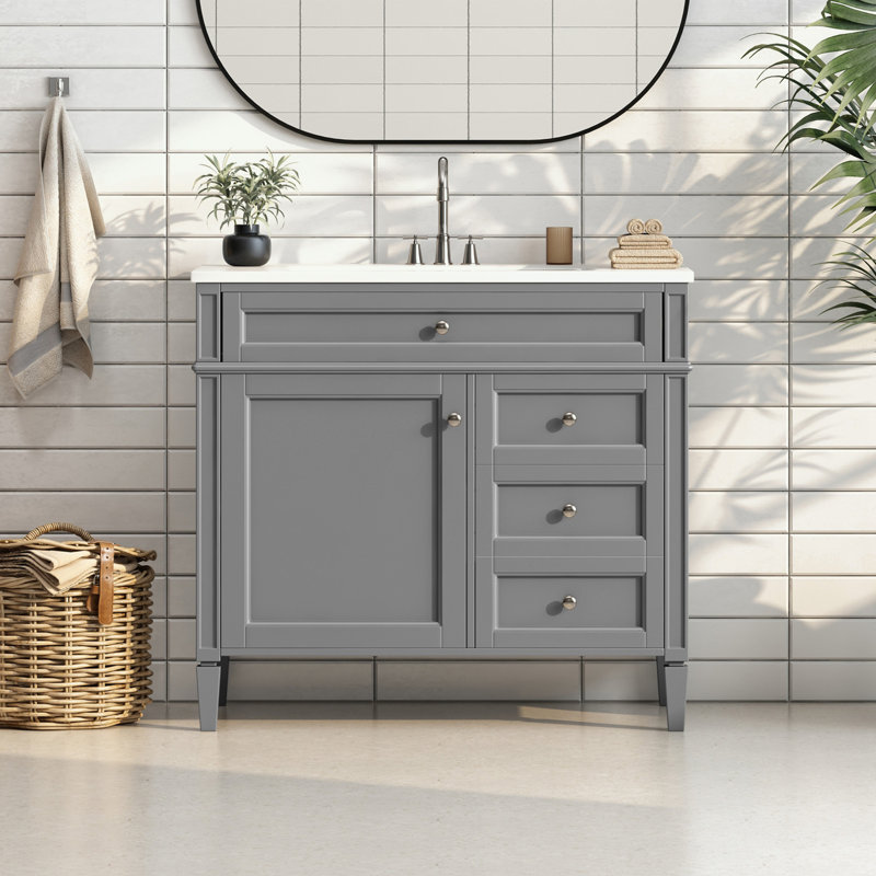 Meuble-lavabo de salle de bain avec lavabo supérieur, 2 tiroirs et un tiroir basculant, Gris