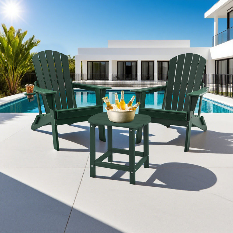 3-Piece Folding Adirondack Chairs With Side Table, HDPE Plastic Outdoor Chairs With Cup Holder- 400Lbs & Weather Resistant For Fire Pit, Deck, Patio, Pool, Backyard