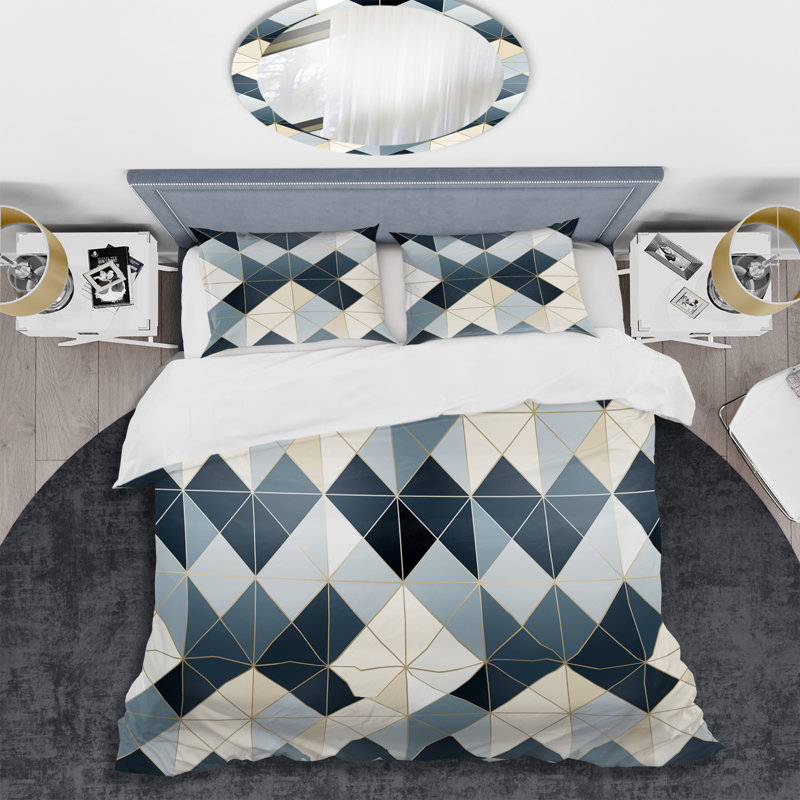 Ensemble de housse de couette en mosaïque bleu / crème, Housse de couette pour très grand lit et 2 très