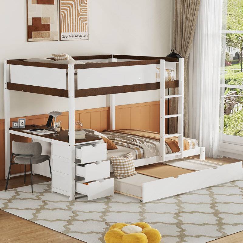 Lit superposé double avec lit gigogne simple, rangement et bureau, blanc et noyer, Lit superposé double sur double