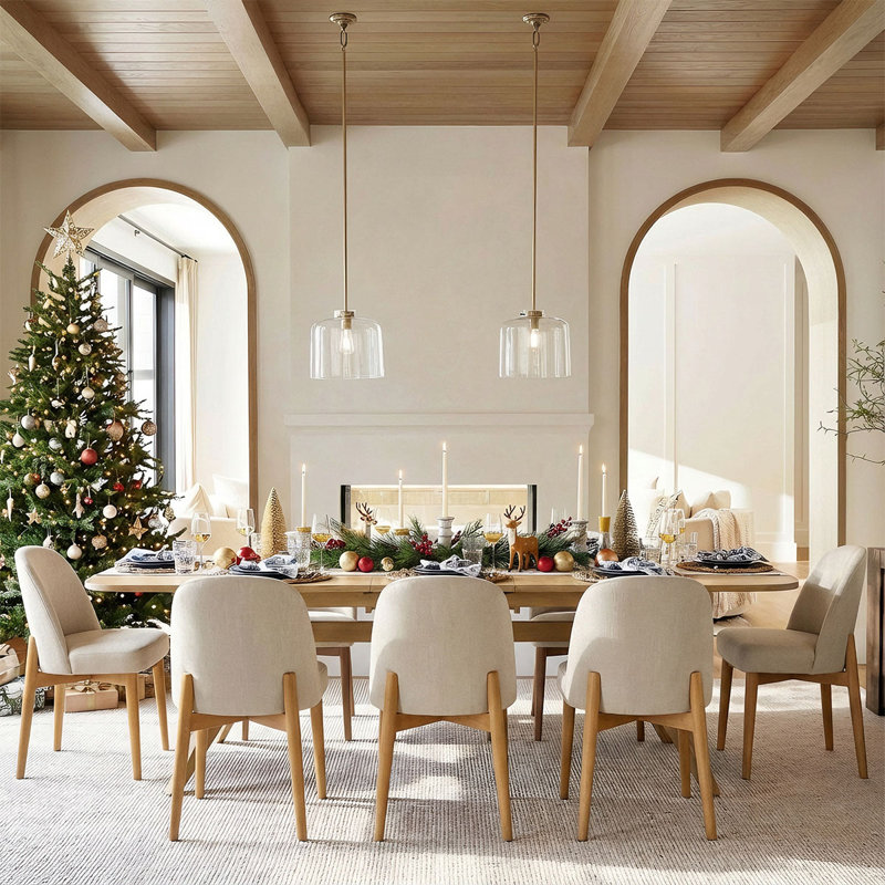 9-Piece 78"-96" Extendable Trestle Dining Set With 8 Upholstered Chairs, Beige