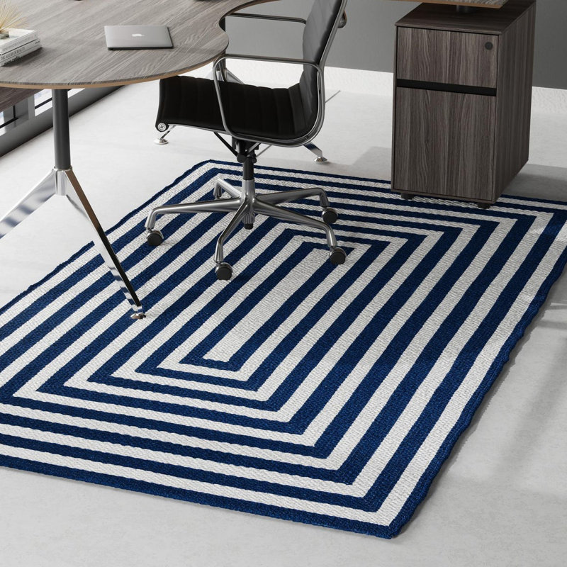 Kozan Geometric Handmade Flatweave Recycled P.E.T. Indoor / Outdoor Area Rug in Navy/White, Rectangle 5'3" x 8'