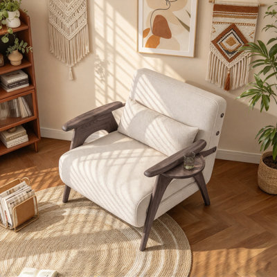 Fauteuil inclinable convertible simple en lin et coton beige, pieds en bois massif