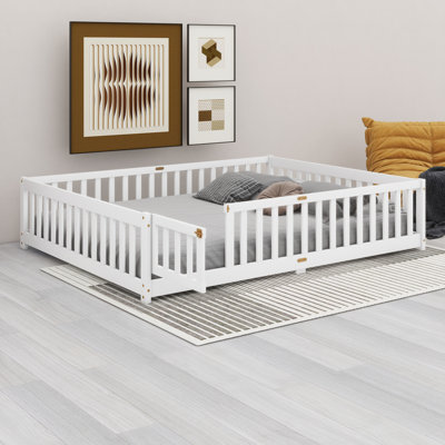 Wood Floor Bed Frame With Convertible Door,  Fence Railings ,Support Slats And Door