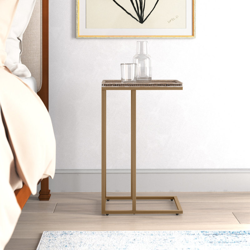 Edmundson Farmhouse C Table Couch End Table, Distressed Beaded Edge Tray Top Snack Side Table, Gold