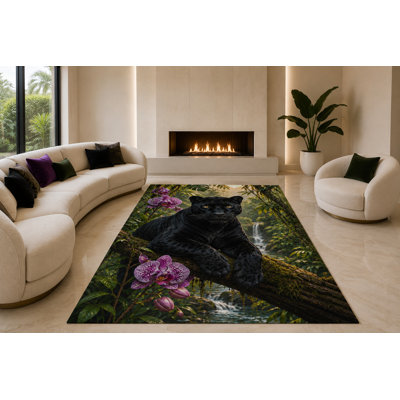 Tapis « ultra-léger » grand format (201 cm x 300 cm) à motif gorille à dos argenté, idéal pour le salon, la chambre à coucher et le bureau. Moquette douce à poils courts avec envers antidérapant en silicone, noir et vert.