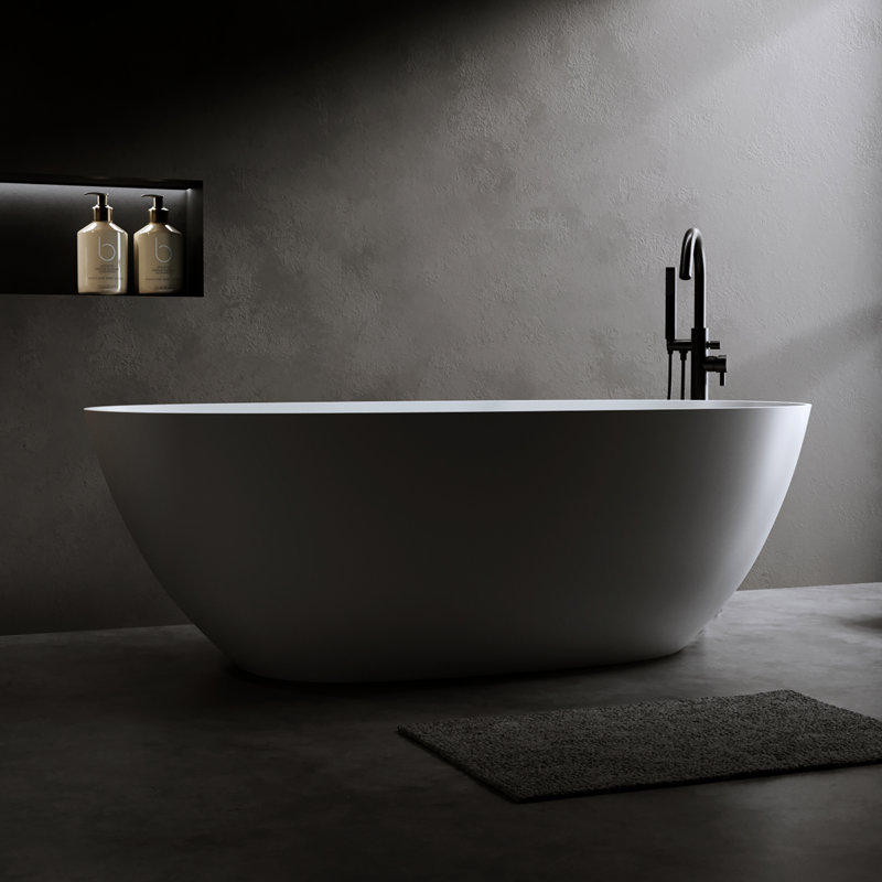 Baignoire de trempage autoportante à surface solide de 65 po blanc mat, avec trop-plein et drain escamotable, baignoire de trempage en pierre en résine à faible entretien, blanche, fabriquée à la main et lisse