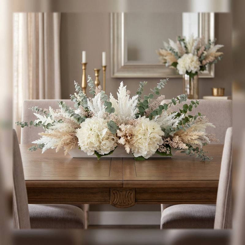 Hydrangea, Pampas and Eucalyptus Arrangement in Wooden Bowl, White