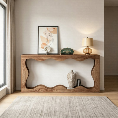 Console 63 po, canapé de vestibule ondulé derrière le canapé, table de couloir en bois avec rangement à 2 niveaux