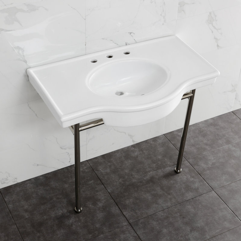 Kingston Brass Manchester 37-Inch Ceramic Console Sink with Stainless Steel Legs (8-Inch, 3-Hole), White/Polished Nickel