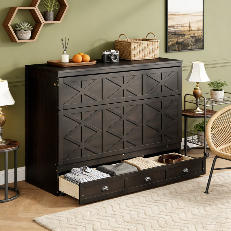 Grand lit escamotable avec grands tiroirs et port USB pour un espace compact et une vie moderne, Espresso