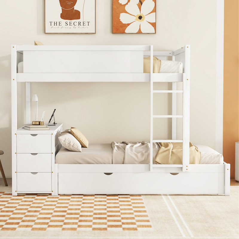 Lit simple superposé double avec lit gigogne, rangement et bureau, blanc, Blanc