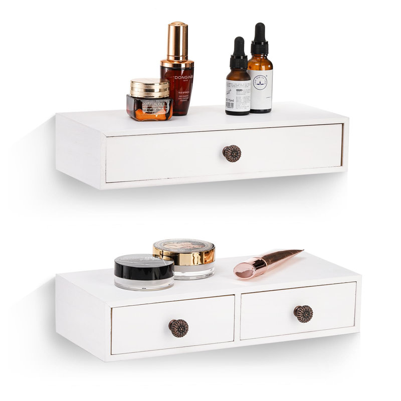 2 Packs Floating Nightstand With Drawer - Rustic Wood Floating Wall Mounted Drawers Floating Shelf With Drawer, White
